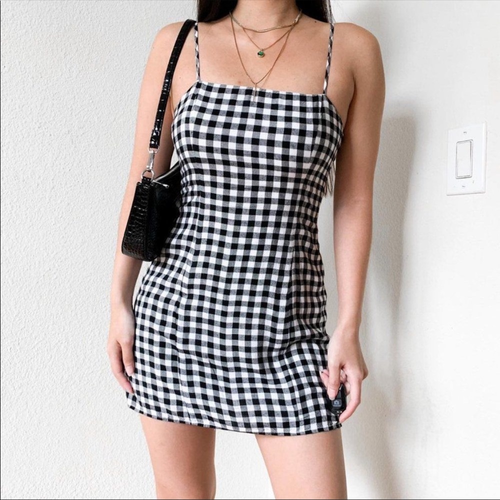 Black White Plaid Gingham Checkered Strappy Mini Bodycon Dress